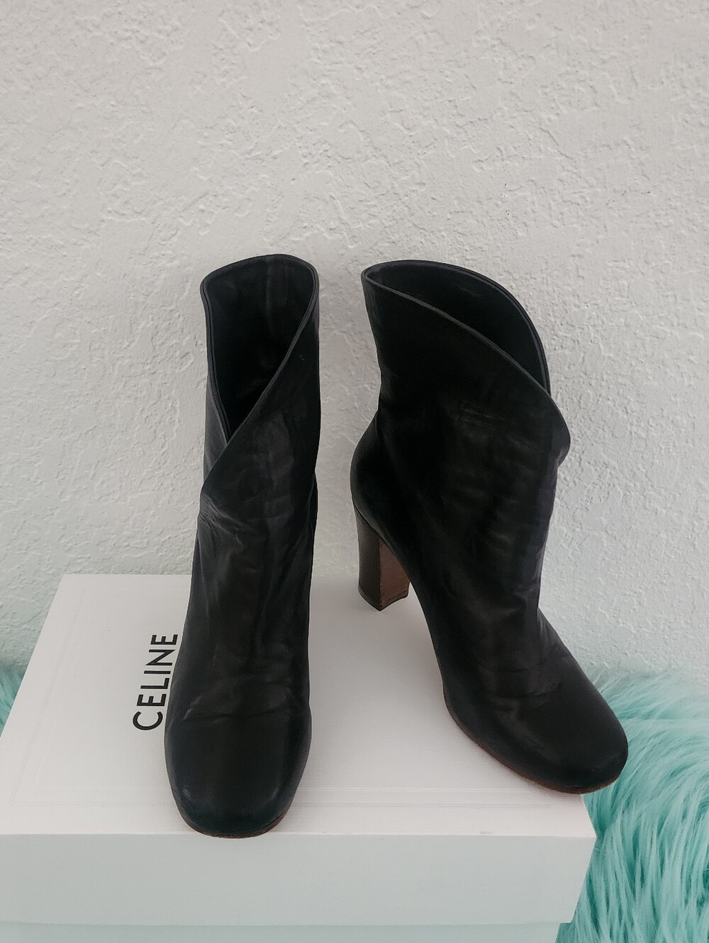 CELINE | Black Leather Wrap Ankle Boots - Picture 2 of 15